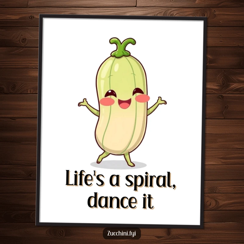 Funny Free Printable Wall Art: Giggling spiralized zucchini character enthusiastically doing a silly dance, infusing fun.