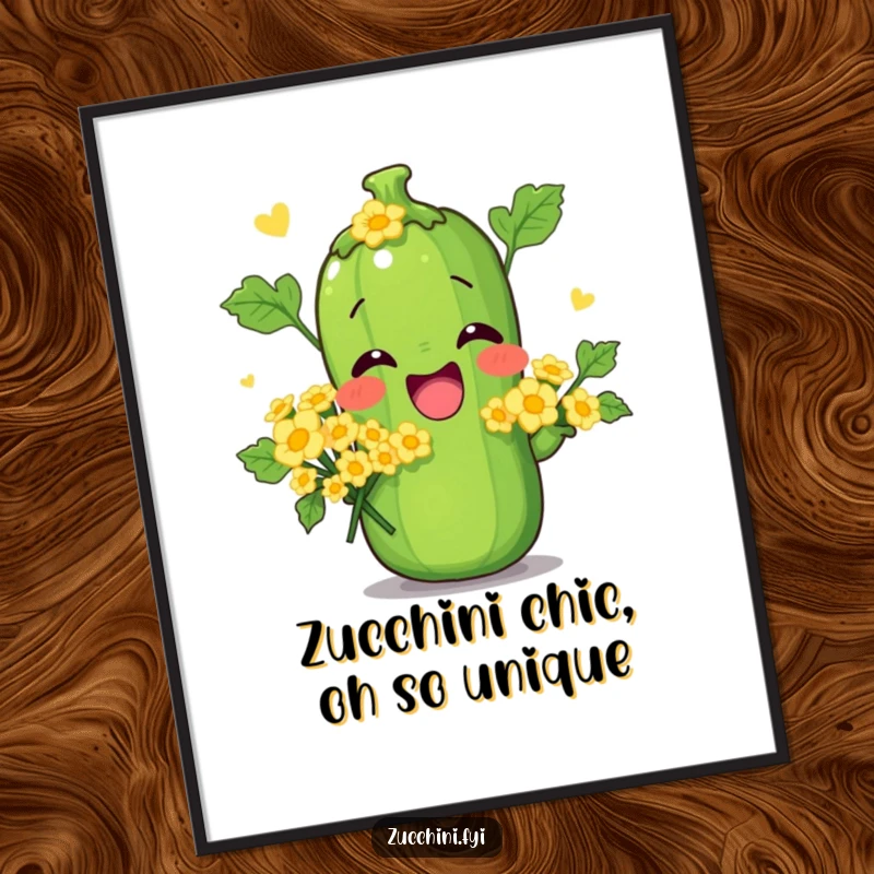 Funny Free Printable Wall Art: Zucchini character striking a ridiculous pose, adorably holding a small bouquet of delicate zucchini flowers.
