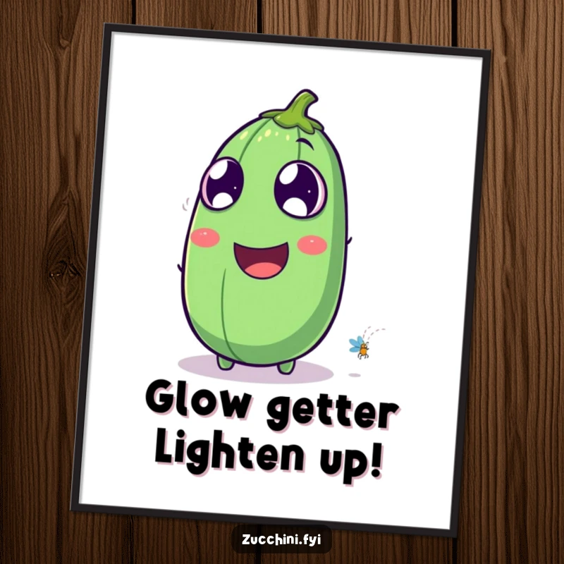 Funny Free Printable Zucchini Wall Art: A zucchini with exaggerated eyes laughing at a tiny firefly, hilariously entertaining decor.