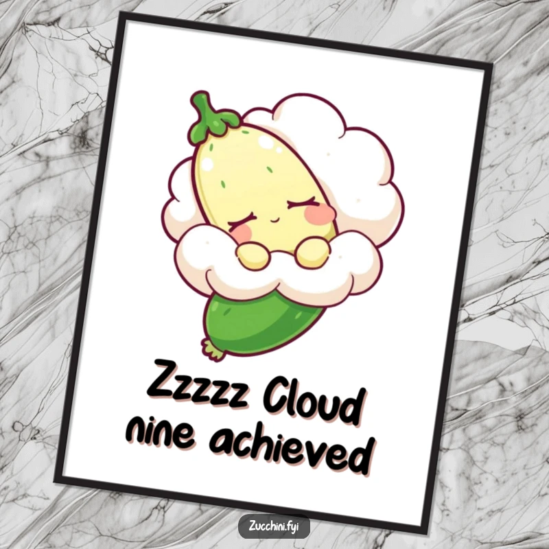 Funny Free Printable Zucchini Wall Art: A sleepy zucchini being carried by a fluffy cloud, wonderfully humorous decor.