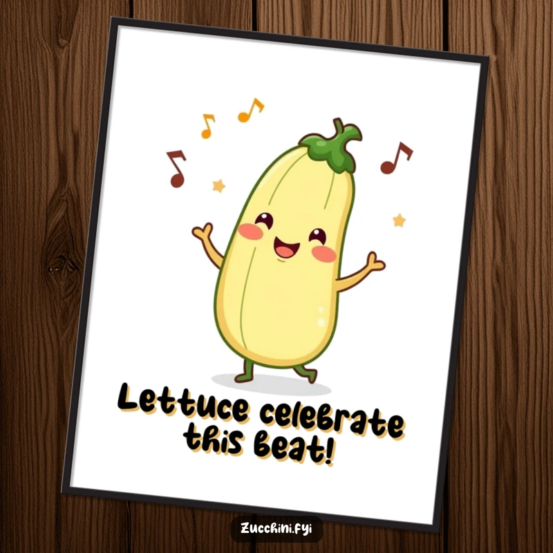 Funny free printable wall art of a smiling zucchini character doing a silly jig with musical notes, perfect for kitchens.