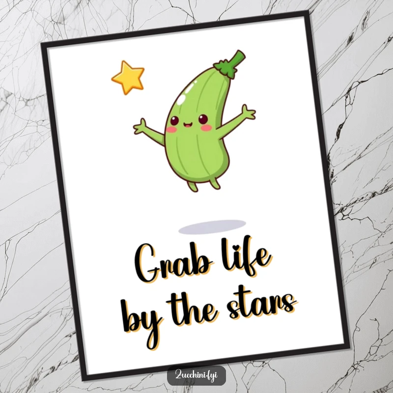 Funny free printable wall art: A jumping zucchini with arms outstretched happily catches a bright falling star, full of wonder.