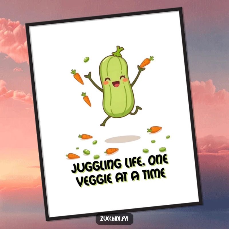 Funny Free Printable wall art of a zucchini with tiny legs joyfully juggling carrots and peas, showcasing energetic talent.