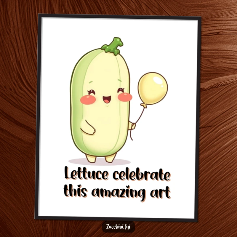 Funny Free Printable Wall Art: A delighted zucchini with rosy cheeks joyfully holding a minuscule balloon, whimsical decor.