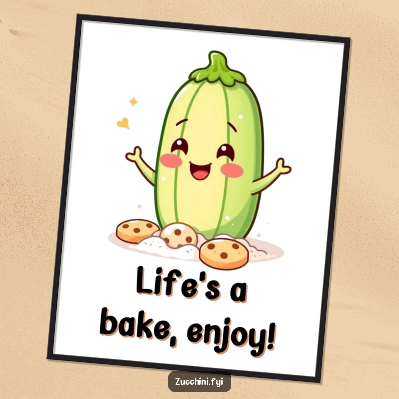 Funny Free Printable Wall Art of a jubilant zucchini covered in flour, playfully winking while baking cookies.