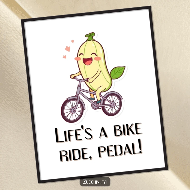 Funny Free Printable Wall Art: A kawaii zucchini laughs heartily while joyfully riding a miniature bicycle.