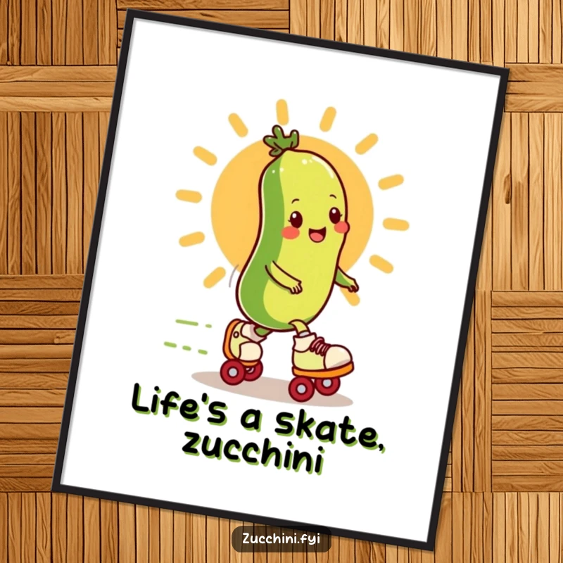 Funny Free Printable Wall Art: Zucchini on Roller Skates Zooming Past a Cartoon Sun, a Whimsical and Energetic Piece
