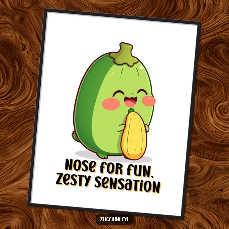 Funny Free Printable Wall Art: A zucchini character captured mid-giggle, expertly balancing a tiny zucchini right on its nose.