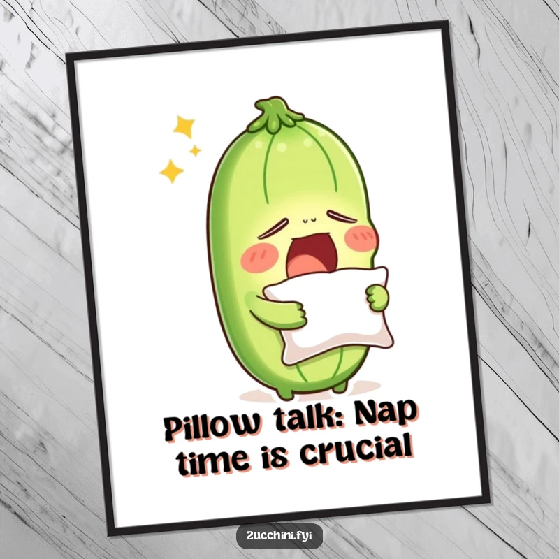 Funny Free Printable Wall Art: Sleepy zucchini caught yawning with a pillow, perfect downloadable decor for kitchens or nurseries.