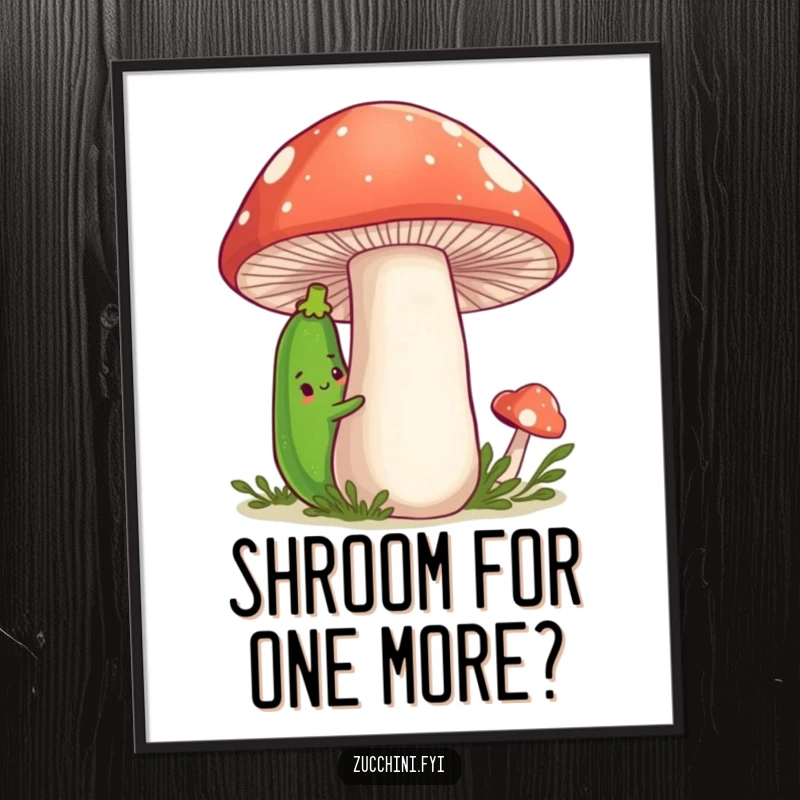 Funny Free Printable Wall Art showing a shy zucchini peeking out from behind a large, friendly mushroom, creating a heartwarming scene.