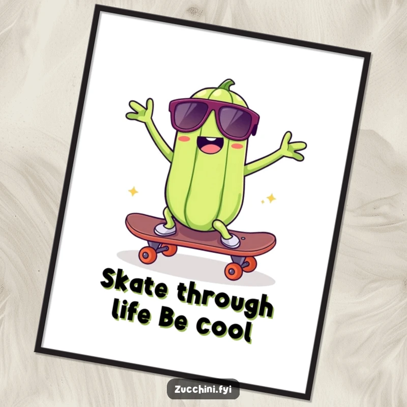 Funny Free Printable Wall Art: Kawaii zucchini in sunglasses doing a silly dance on a skateboard, a vibrant piece of downloadable art.