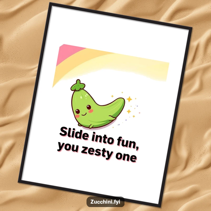 Funny Free Printable Wall Art: Zucchini character joyfully riding a rainbow's arc, leaving a magical trail of sparkles behind.