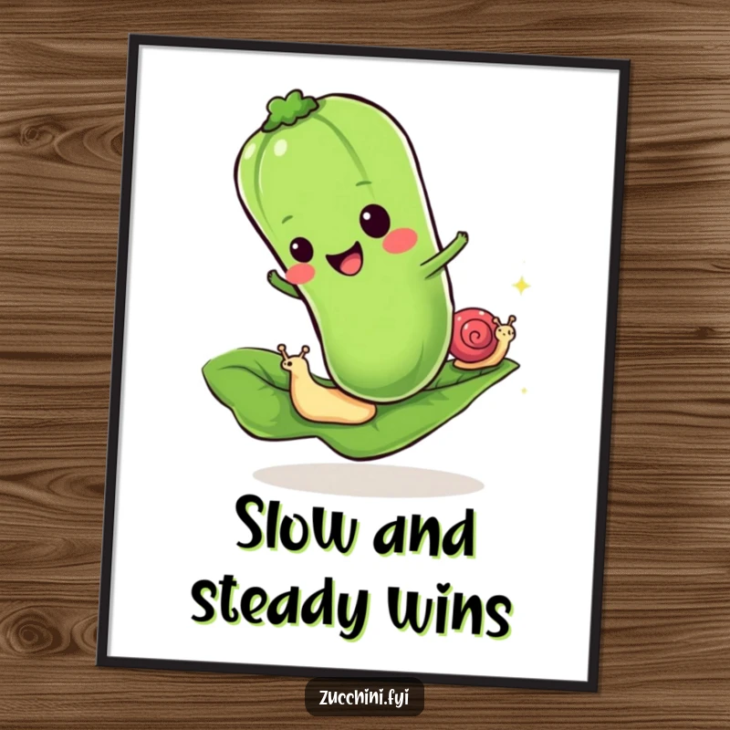 Funny Free Printable Wall Art: A cheerful zucchini in a comical race against a tiny snail on a green leaf.
