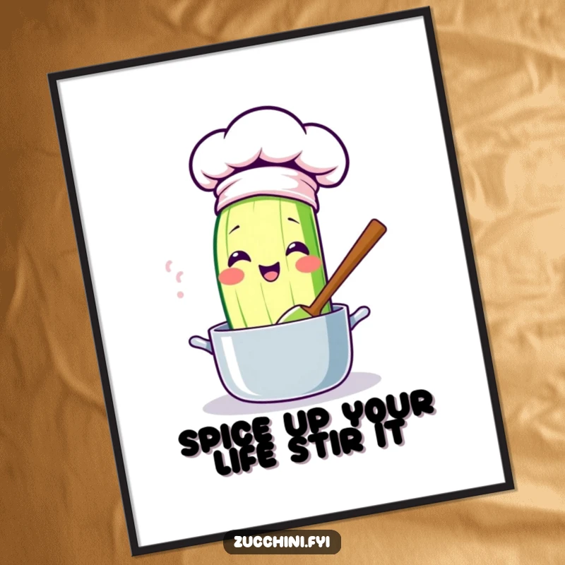 Funny Free Printable Wall Art: Kawaii zucchini in a chef hat enthusiastically stirring a pot, a cute and humorous kitchen downloadable art.