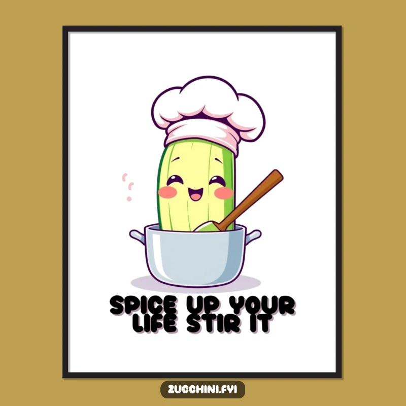 Free Printable Kawaii Zucchini Chef Wall Art: Stirring Pot Downloadable Art for Kitchen Decor