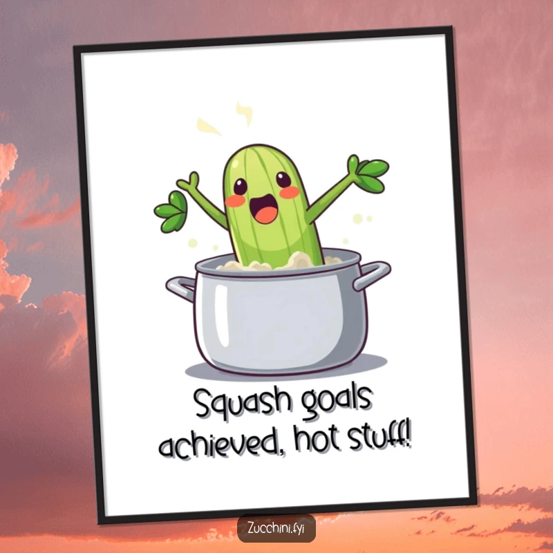 Funny Free Printable wall art of an excited zucchini with steam rising, jumping into a pot with a big splash.