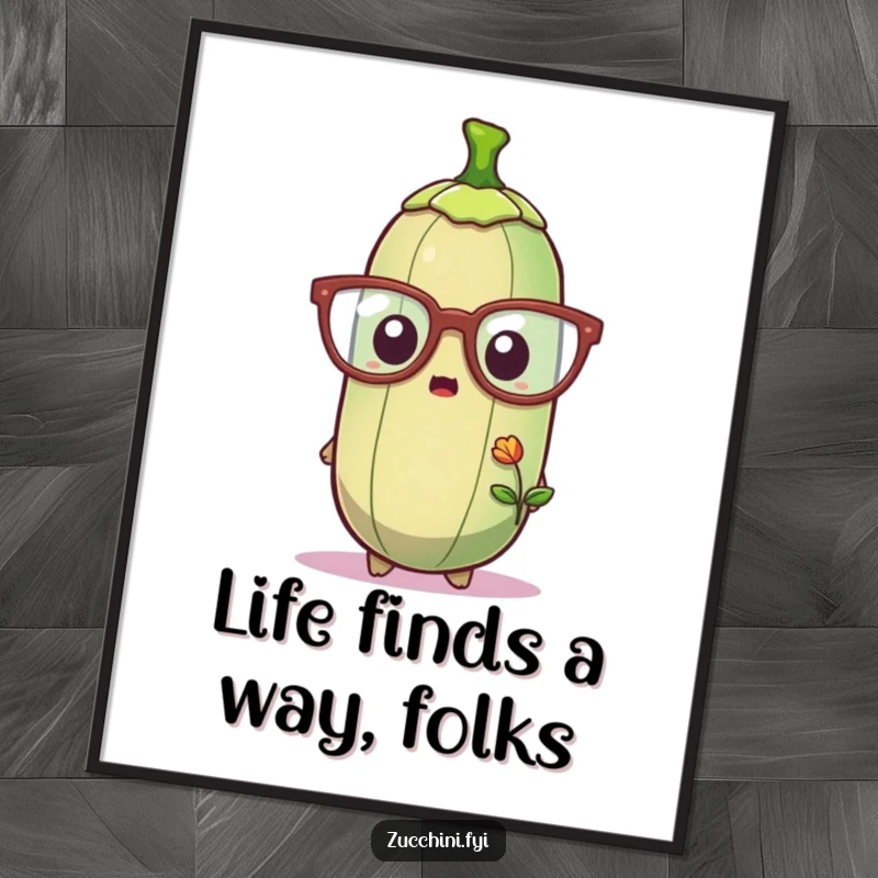Funny free printable wall art: a zucchini wearing oversized glasses looks shocked at a tiny, newly sprouted plant.