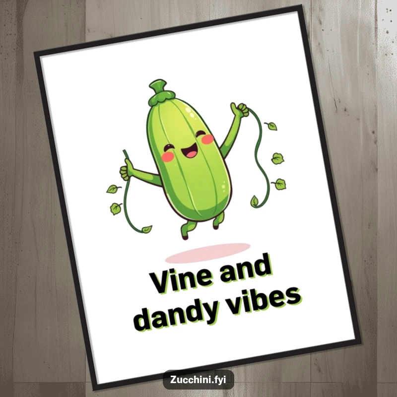 Funny Free Printable Wall Art: A giggling zucchini jumps rope with a vine, capturing a moment of lively, humorous action.