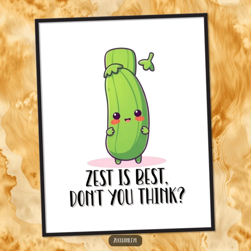 Funny Free Printable Wall Art: A zucchini character playfully peeking around a giant, exciting exclamation mark.