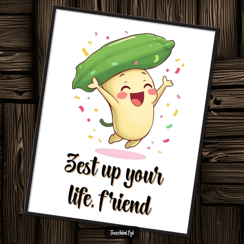 Funny Free Printable Wall Art: A zucchini character leaping exuberantly, showering the area with bright, colorful confetti.