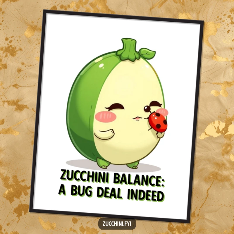 Funny Free Printable Wall Art: A determined zucchini character balances a tiny ladybug with impressive skill on its nose.