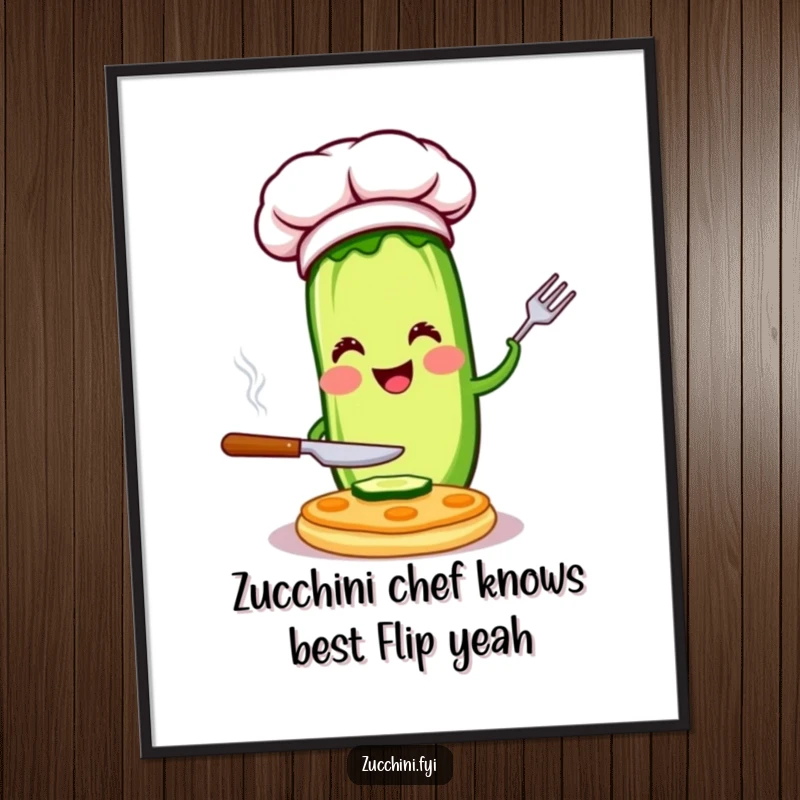 Funny Free Printable Zucchini Chef Wall Art: Zucchini wearing chef hat flipping pancake, a humorous and downloadable decor piece.