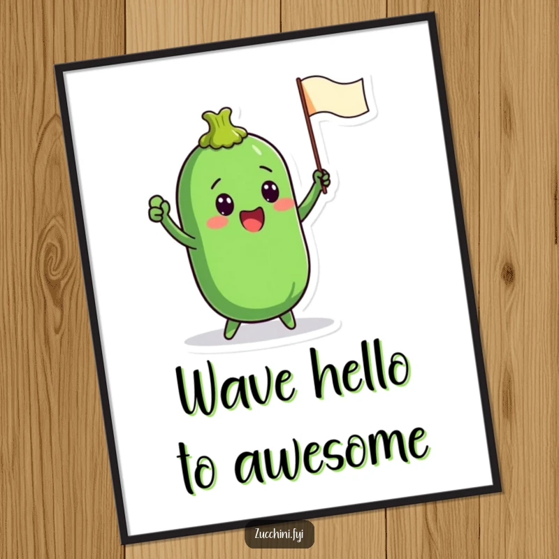 Funny free printable wall art: a zucchini character excitedly waves a tiny flag, symbolizing celebration and fun.