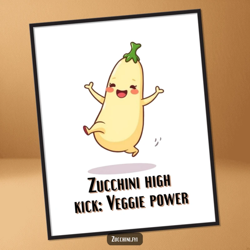Funny Free Printable Wall Art: Zucchini energetically performing a high kick. A dynamic, humorous, and fun piece of art.