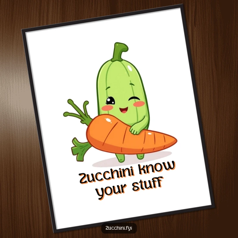 Funny Free Printable Wall Art: A winking zucchini character proudly displaying a comically huge carrot, adding quirky charm.