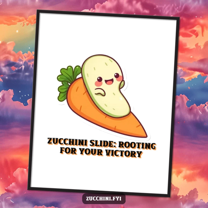 Funny Free Printable Wall Art: A playful zucchini character hilariously slides down a giant carrot.