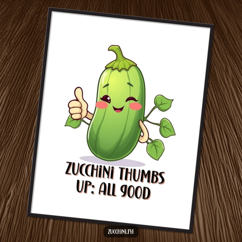 Funny Free Printable Wall Art: Zucchini giving a winking thumbs up with its vine. A cool, humorous, and quirky piece.