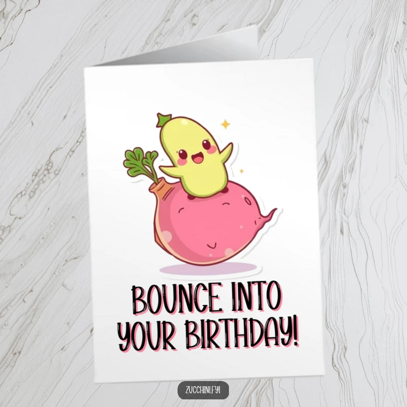 Funny Free Printable Giddy Zucchini Birthday Card, joyfully bouncing on a giant radish, celebrating with unrestrained glee.