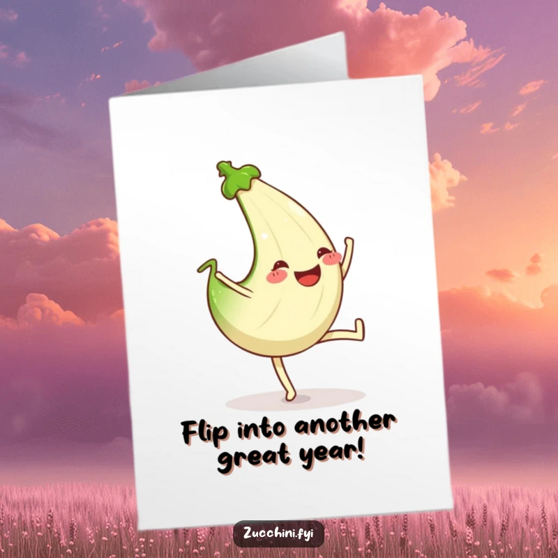 Funny Free Printable Birthday Card: A grinning zucchini performs a dynamic cartwheel, celebrating with energetic flair.