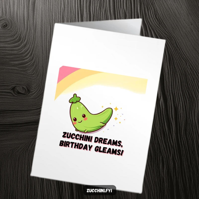 Funny Free Printable Birthday Card: Zucchini character joyfully sliding down a vibrant rainbow, leaving a trail of sparkling magic.