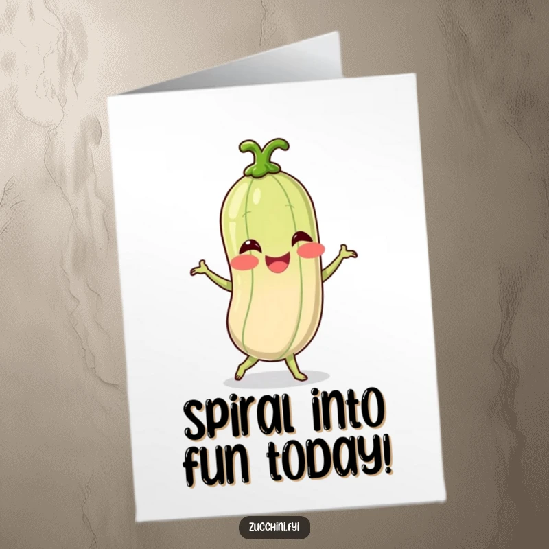 Funny Free Printable Birthday Card: Giggling spiralized zucchini character doing a hilarious dance, spreading birthday cheer.