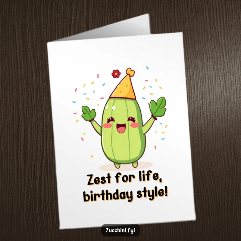 Funny Free Printable Birthday Card: Glee zucchini in a party hat joyfully throwing confetti, a hilarious downloadable greeting.