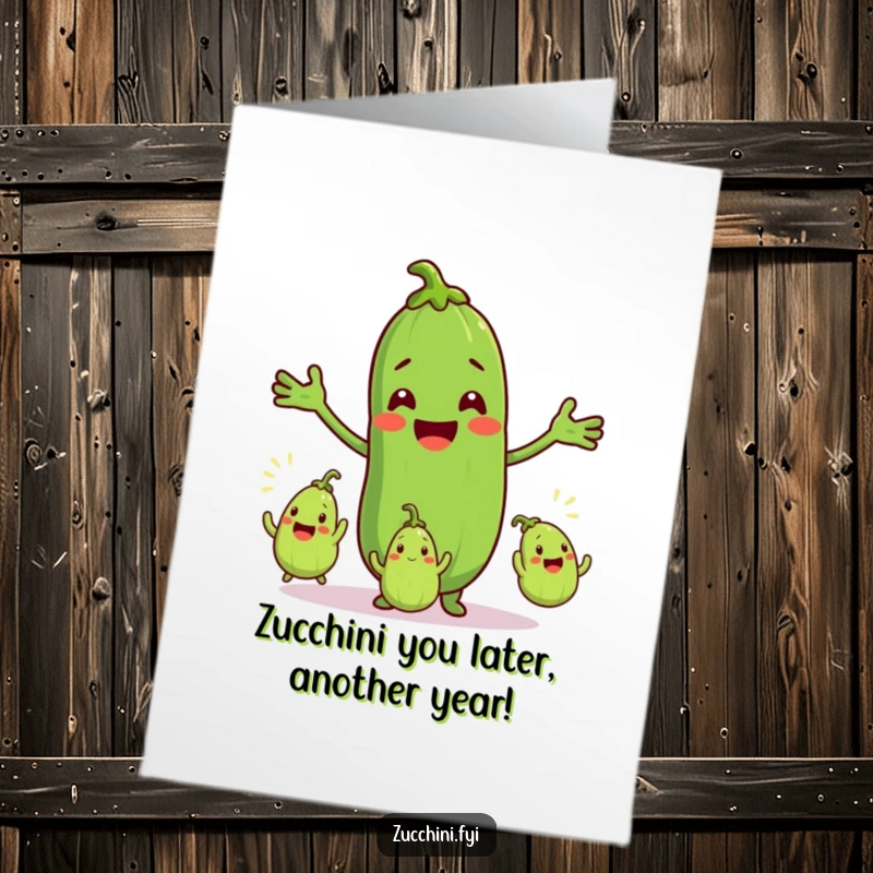 Funny Free Printable Birthday Card: A smiling zucchini masterfully juggles three tiny, excited zucchinis, spreading birthday cheer.