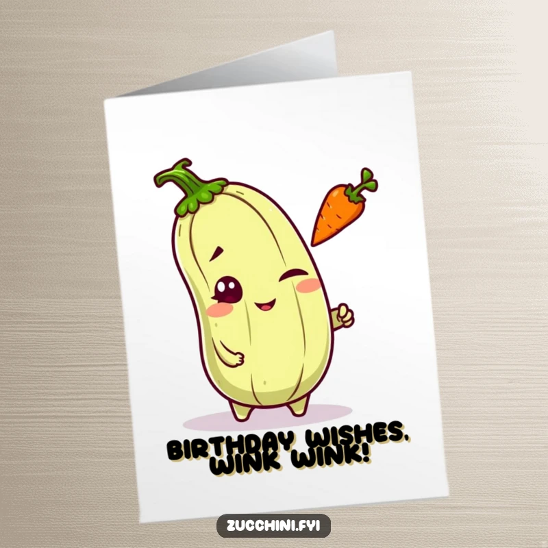 Funny Free Printable Birthday Card: A mischievous kawaii zucchini winking slyly while tossing a small carrot, full of playful energy.