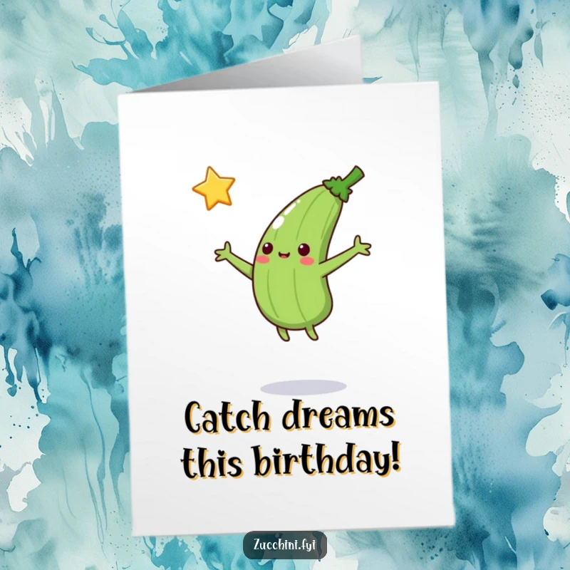 Funny free printable birthday card: Jumping zucchini with arms outstretched catches a bright falling star, making a birthday wish.