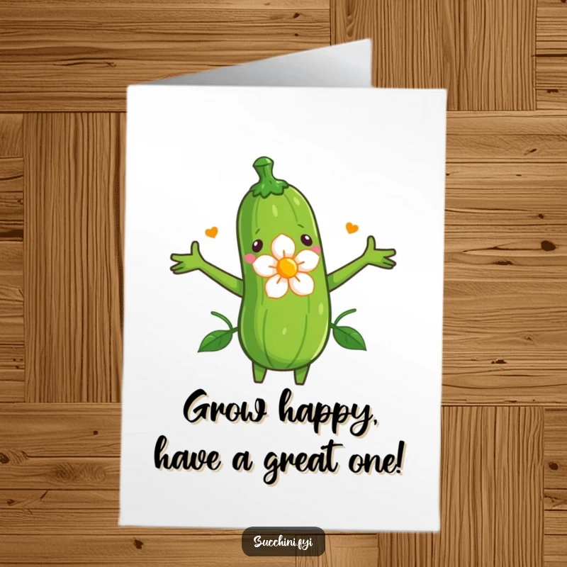Funny Free Printable Birthday Card: A zucchini lovingly embraces a vibrant blooming flower, conveying warm birthday wishes.