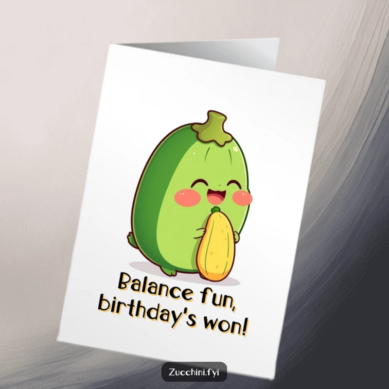 Funny Free Printable Birthday Card: Zucchini character giggling uncontrollably while perfectly balancing a tiny zucchini on its nose.