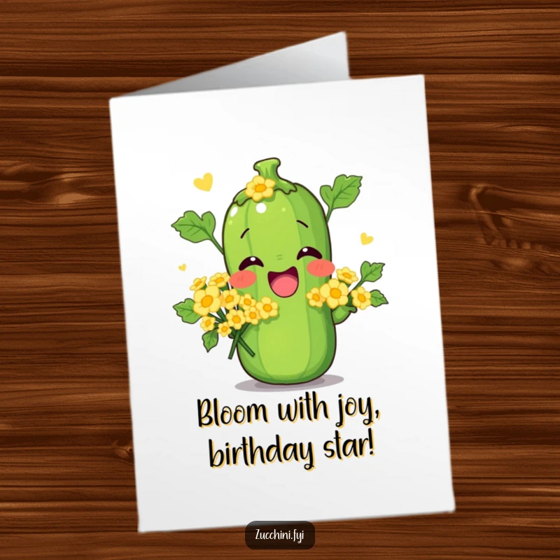 Funny Free Printable Birthday Card: Zucchini character striking a goofy pose, proudly holding a bouquet of tiny, charming zucchini flowers.
