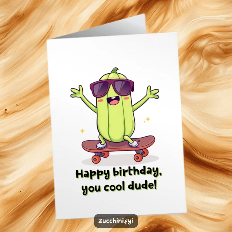 Funny Free Printable Birthday Card: Kawaii zucchini in sunglasses dances on a skateboard, wishing a fun and radical birthday.