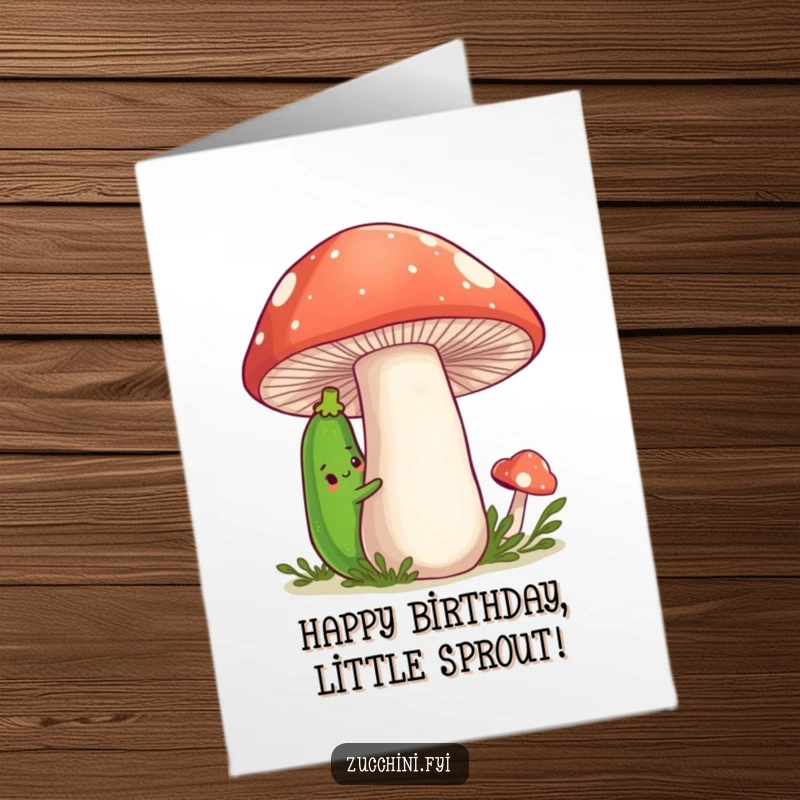 Funny Free Printable Birthday Card with a shy zucchini peeking from behind a mushroom, adding a cute and humorous touch.