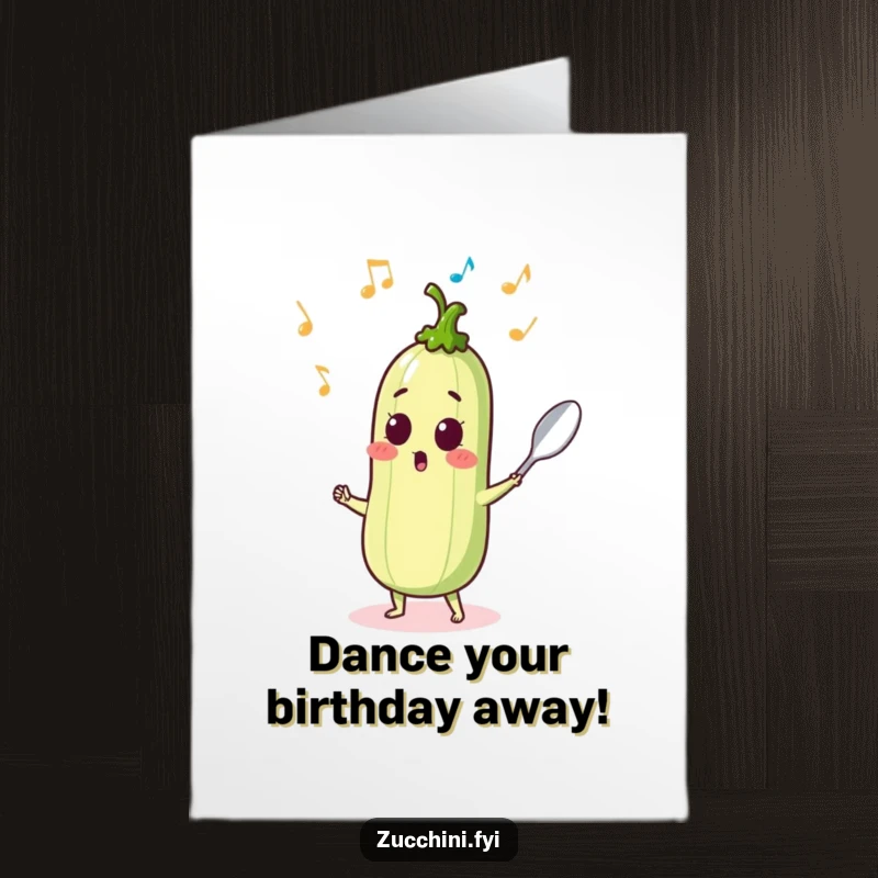 Funny Free Printable birthday card featuring a surprised zucchini dancing with a spoon, sprouting musical notes, ready to celebrate.