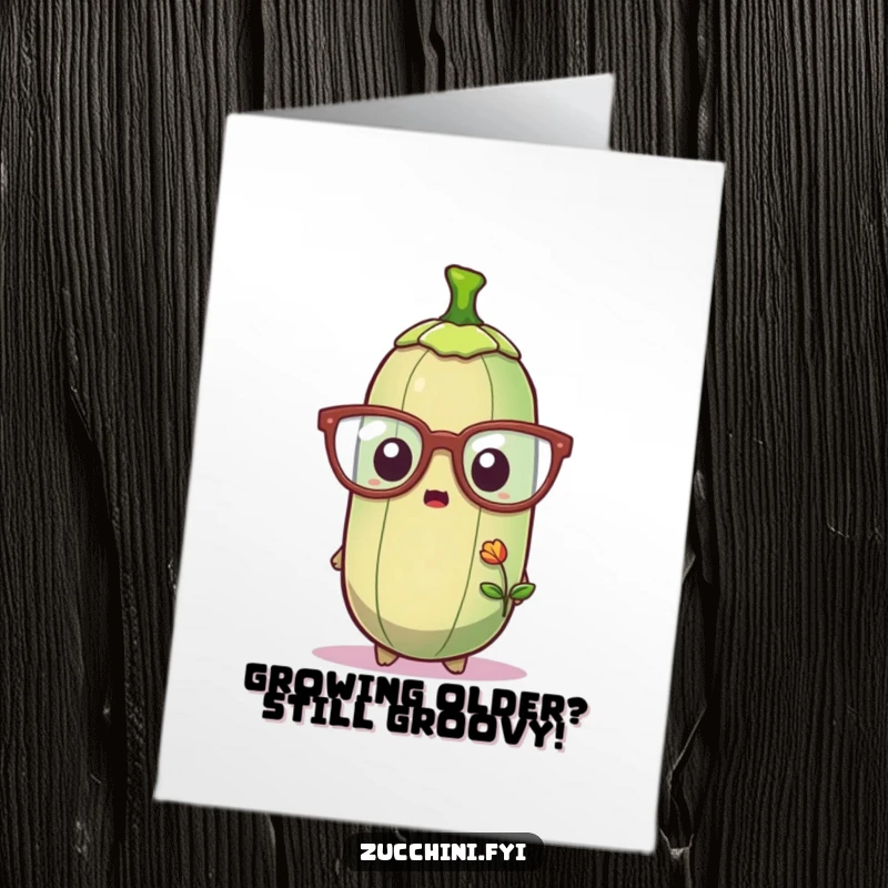 Funny free printable birthday card: a zucchini in oversized glasses looks shocked at a tiny sprout emerging.