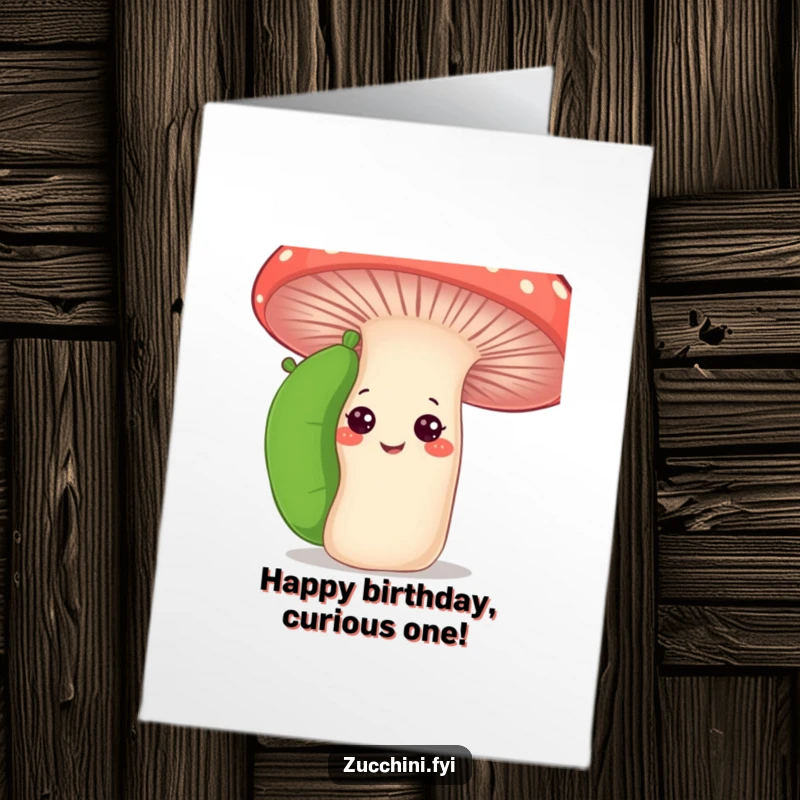 Funny Free Printable Birthday Card: Zucchini peeking from behind a smiling mushroom, delivering hilarious birthday wishes.