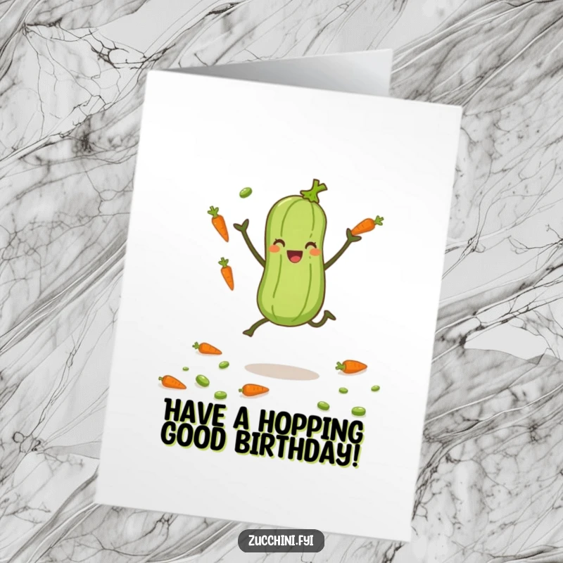 Funny Free Printable birthday card featuring a zucchini with tiny legs joyfully juggling carrots and peas, celebrating special day.