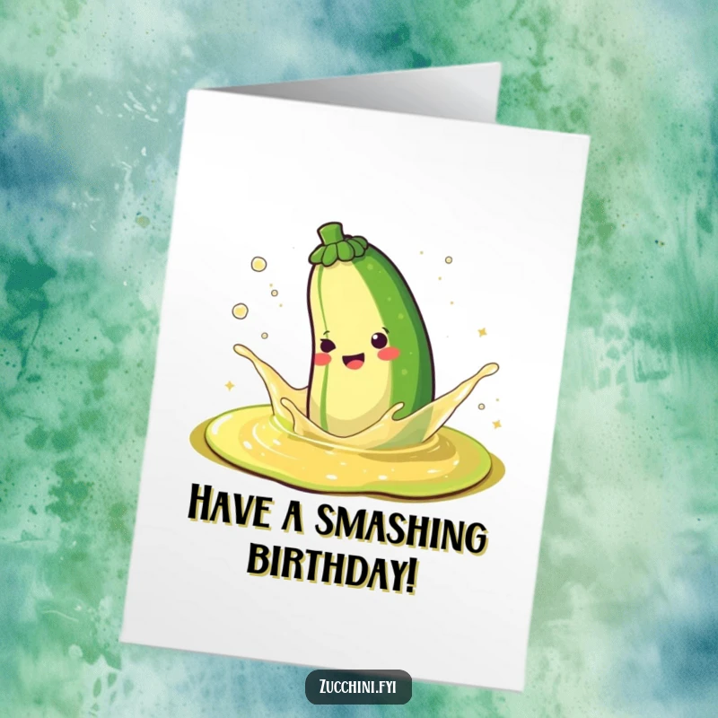 Free printable birthday card featuring a joyful zucchini exuberantly splashing in a puddle of delicious sparkling juice.