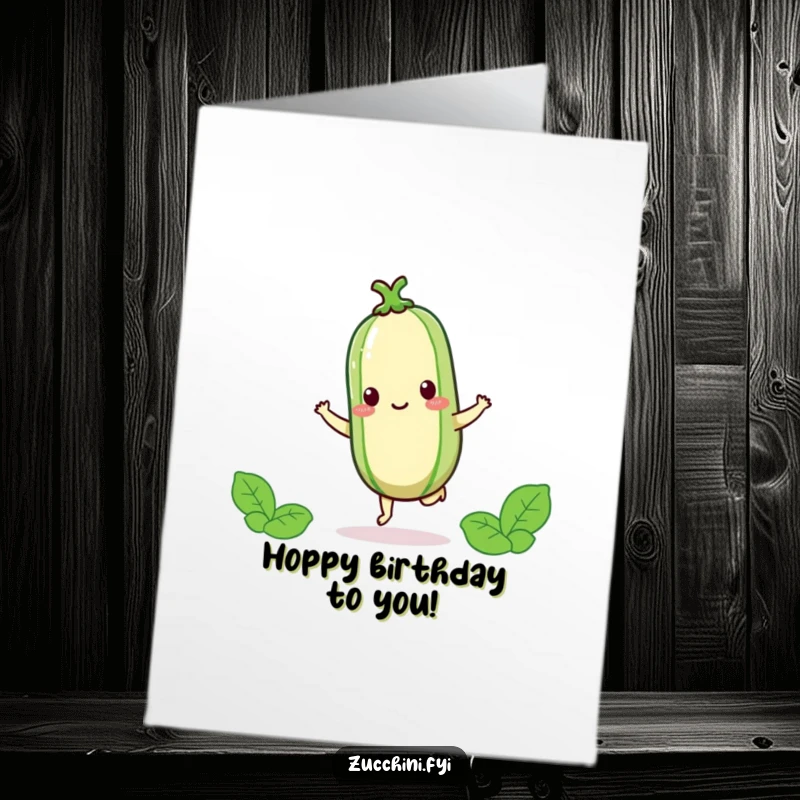 Funny Free Printable Birthday Card: A kawaii zucchini happily hopping on one foot, radiating pure joy and silliness.